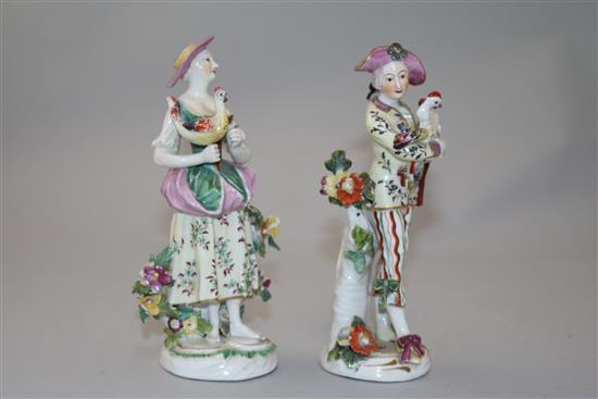 A pair of Derby figures of the Italian Farmers and a pair of Derby candlestick figures, 20.5cm, losses (4)